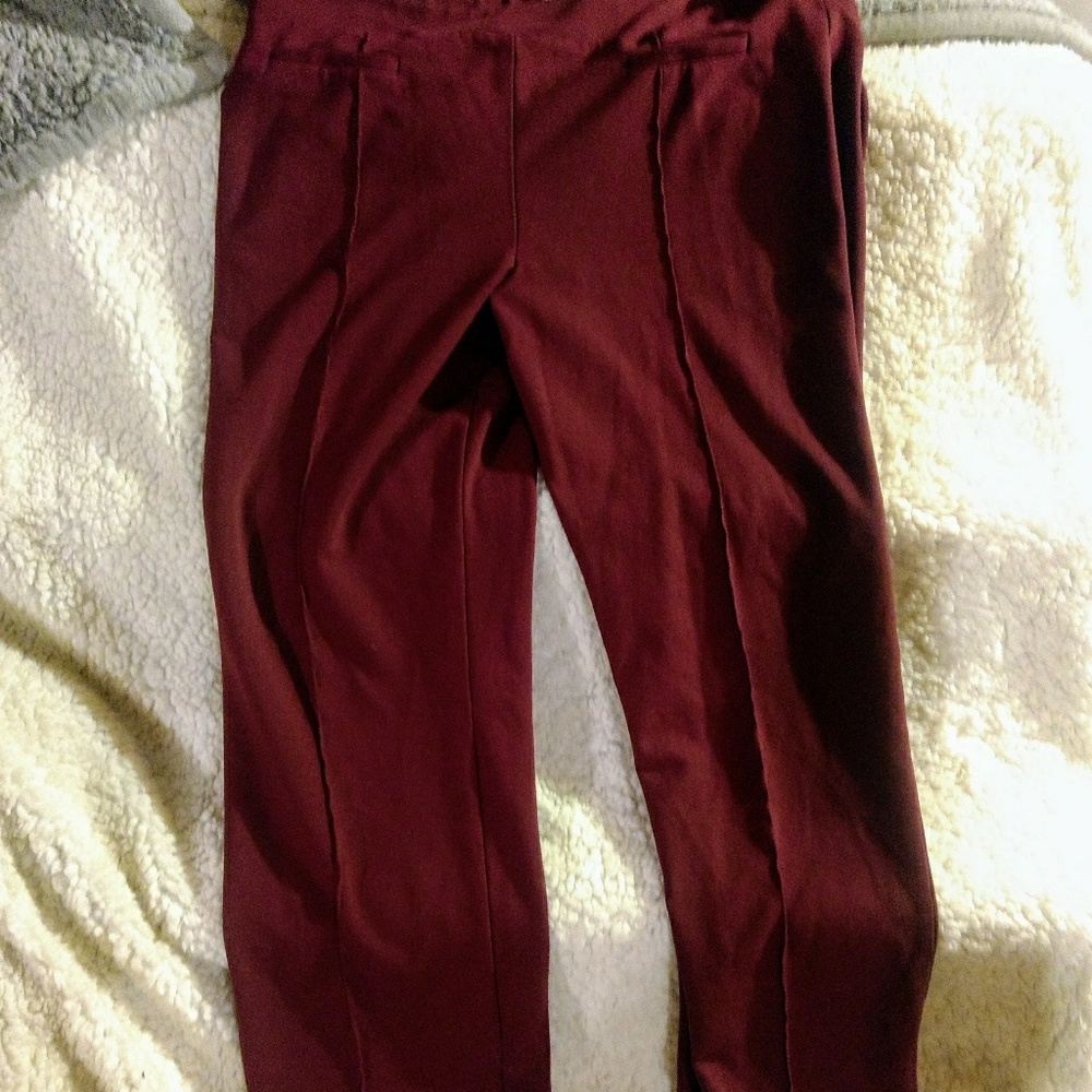 Maroon pleated (with stitching) dress pants.